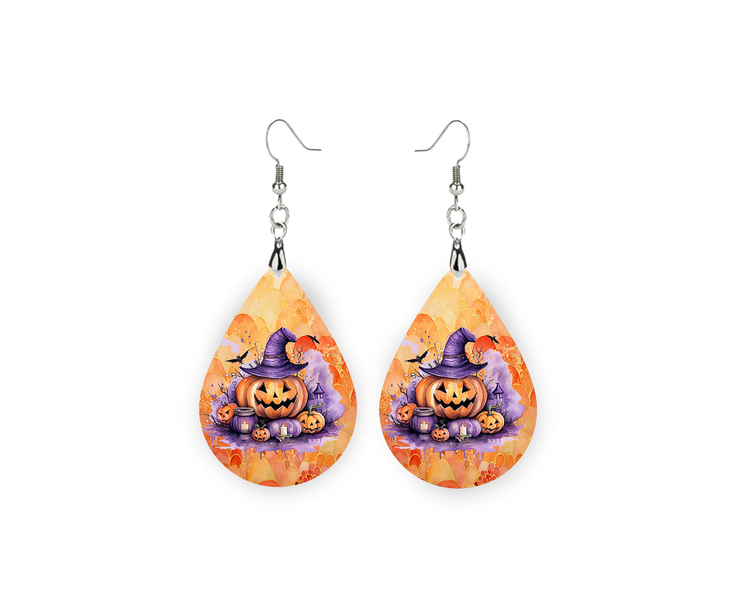 Fall Halloween Earrings Purple and Orange Jack o Lantern Print Tear Drop Wood Dangle Earrings Hypoallergenic Jewelry