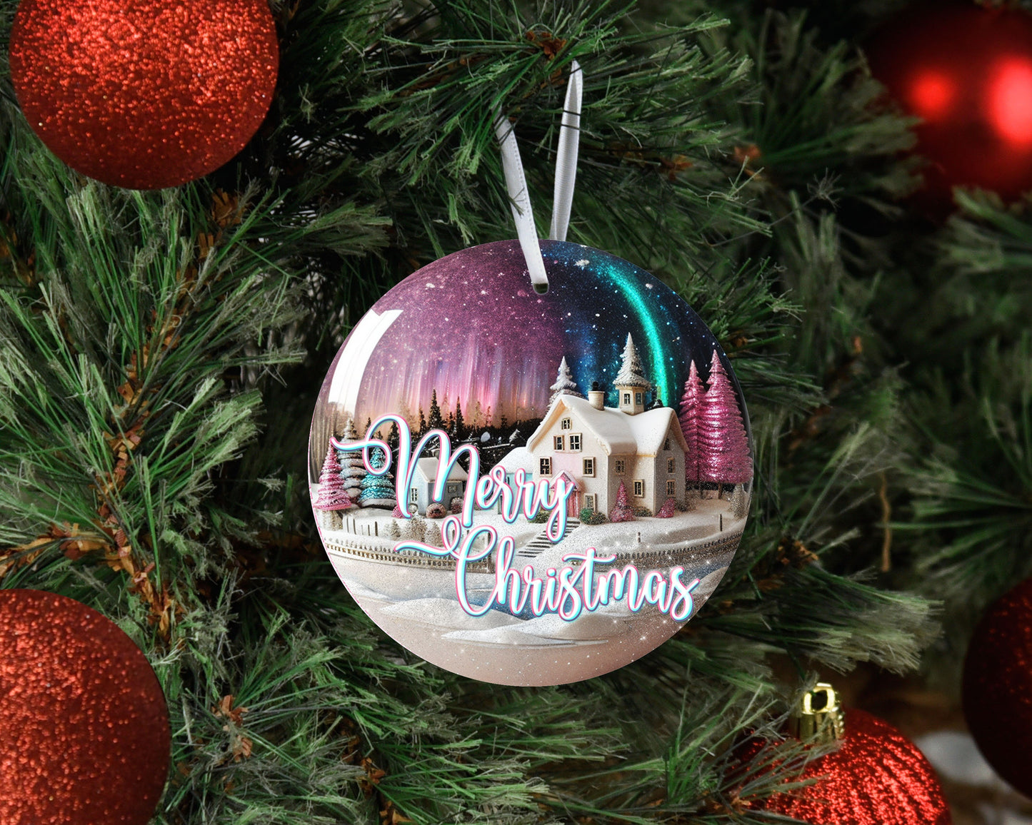 Christmas Ornament, Northern Lights Merry Christmas Ceramic Christmas Ornament, Christmas Decorations