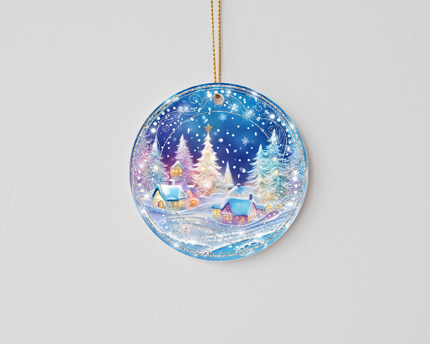 Christmas Ornament, Blue Winter Village Ceramic Christmas Ornament, Christmas Decorations