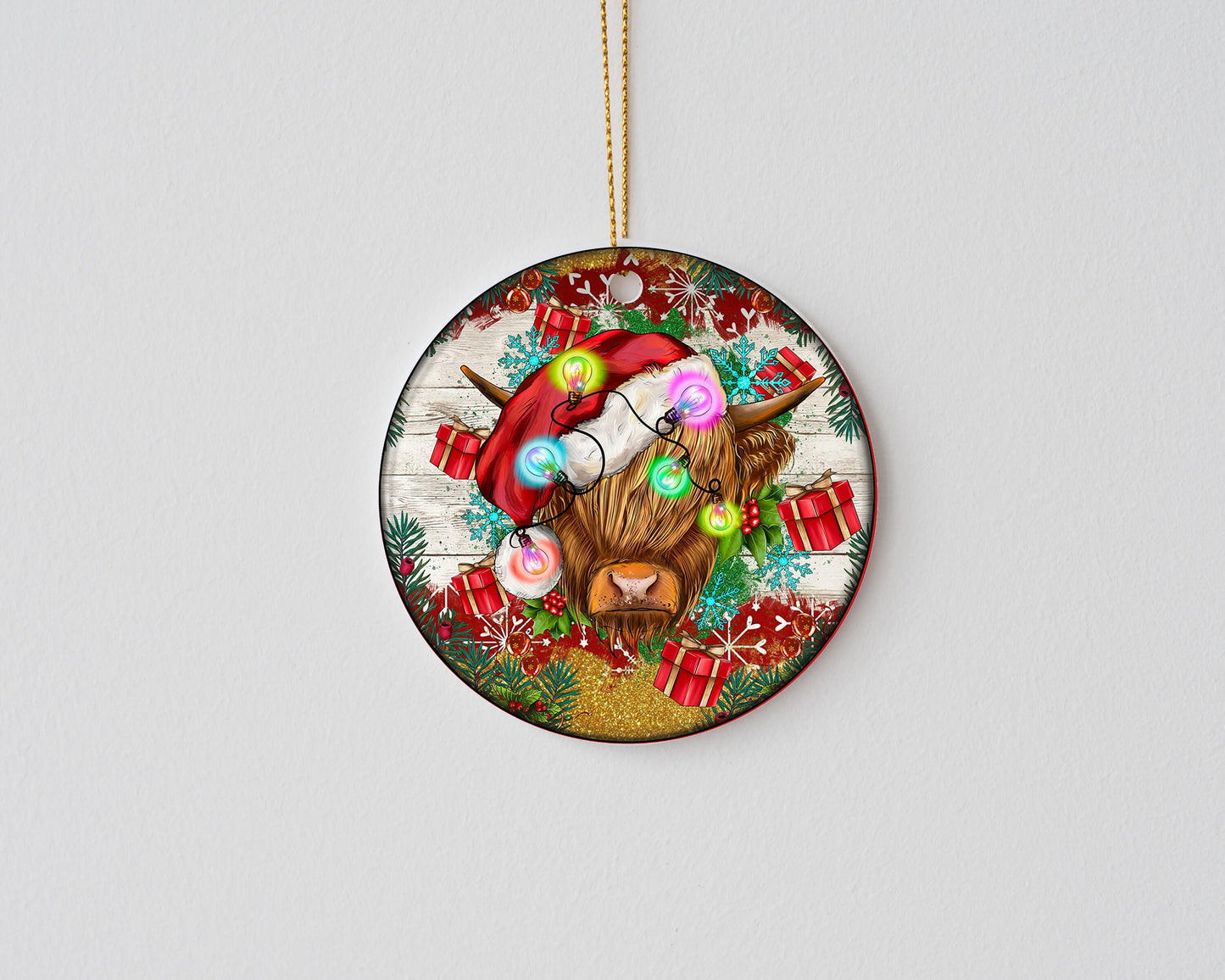 Christmas Ornament, Highland Cow Christmas Lights Ceramic Christmas Ornament, Christmas Decorations