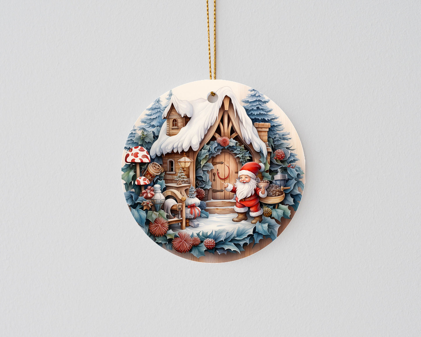 Christmas Ornament, Santa Cabin Ceramic Christmas Ornament, Christmas Decorations