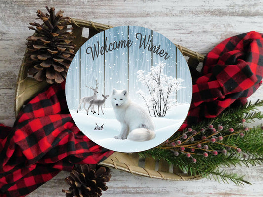 Welcome Winter White Fox Sign, Farmhouse Round Wood Sign Farmhouse Door Hanger Wreath Sign