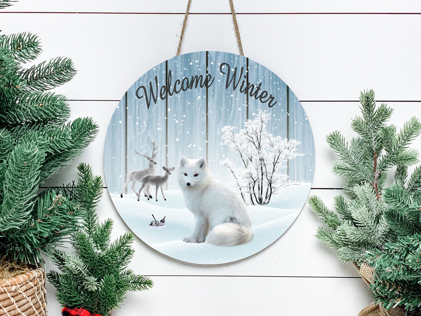 Welcome Winter White Fox Sign, Farmhouse Round Wood Sign Farmhouse Door Hanger Wreath Sign