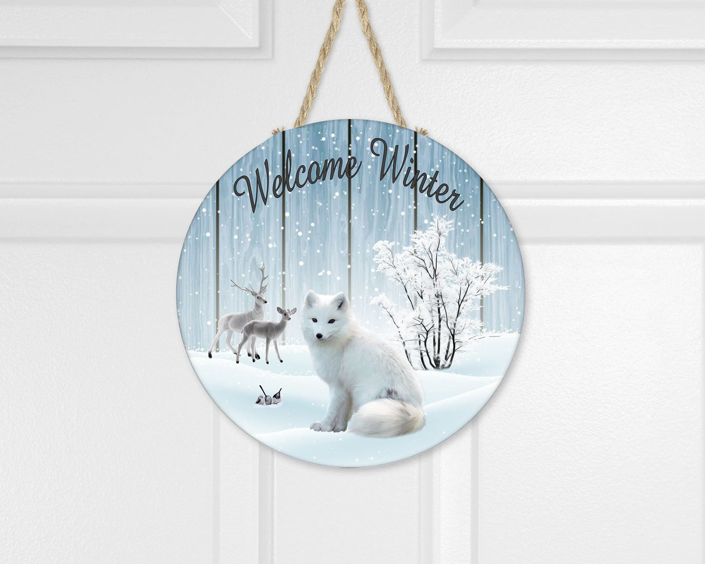 Welcome Winter White Fox Sign, Farmhouse Round Wood Sign Farmhouse Door Hanger Wreath Sign