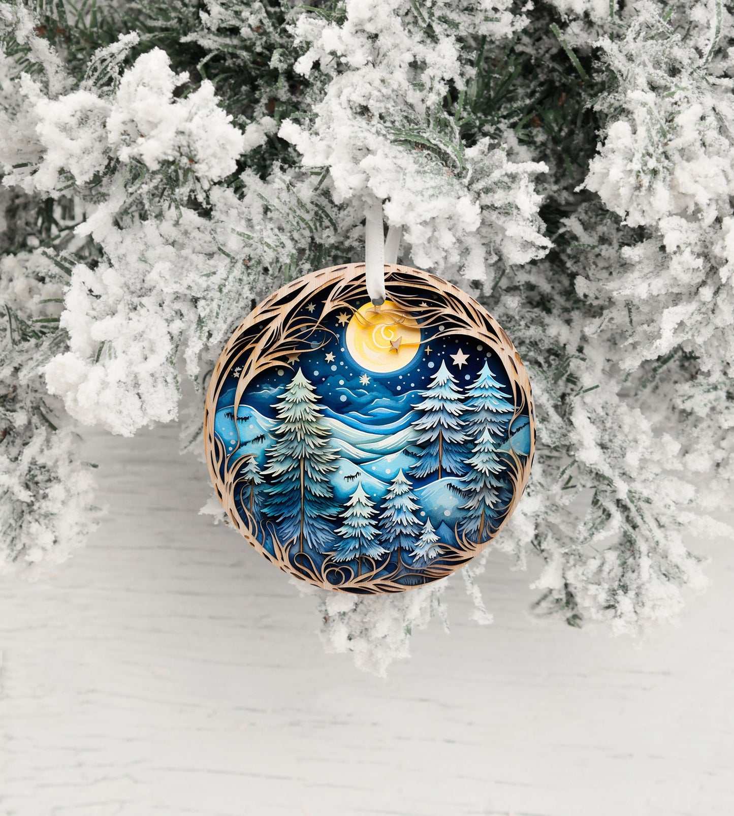 Christmas Ornament, Christmas Forest Full Moon Ceramic Christmas Ornament, Christmas Decorations