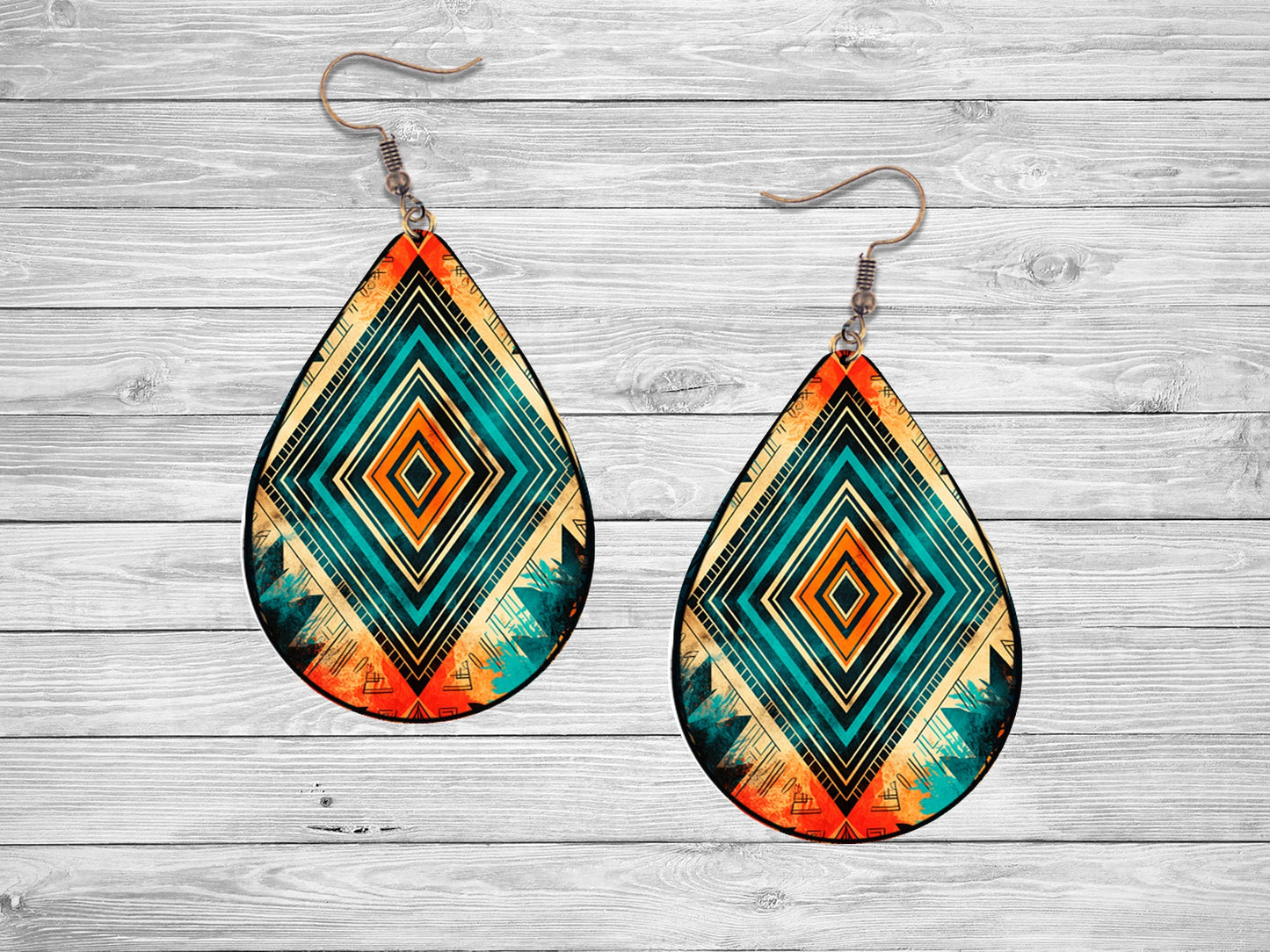 Aztec Diamond Tribal Pattern Earrings Print Tear Drop Wood Dangle Earrings Hypoallergenic Jewelry Western Earrings