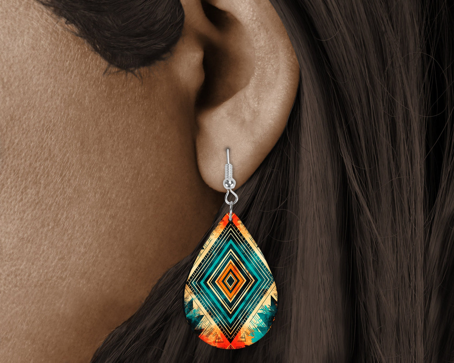 Aztec Diamond Tribal Pattern Earrings Print Tear Drop Wood Dangle Earrings Hypoallergenic Jewelry Western Earrings