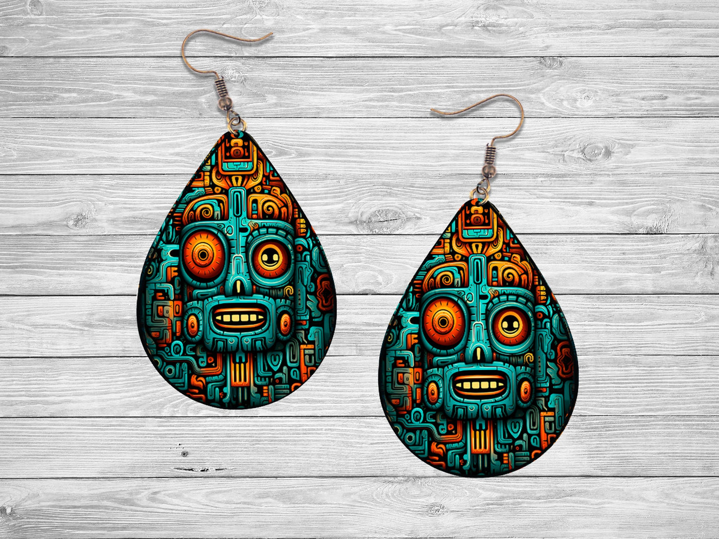 Aztec Totem Tribal Pattern Earrings Print Tear Drop Wood Dangle Earrings Hypoallergenic Jewelry Western Earrings