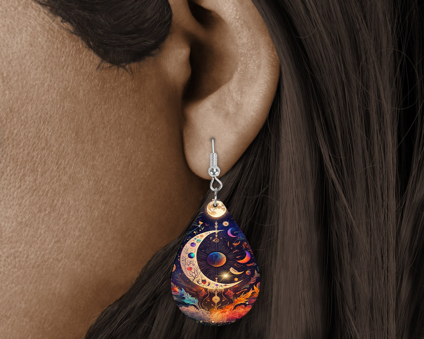 Celestial Moon Print Tear Drop Wood Dangle Earrings Hypoallergenic Jewelry