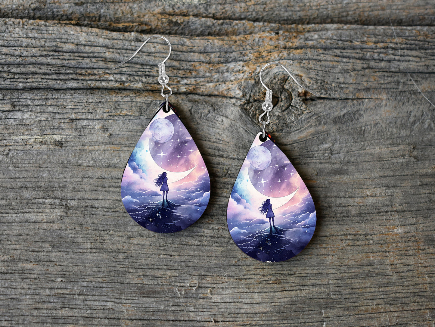 Girl and the Moon Print Tear Drop Wood Dangle Earrings Hypoallergenic Jewelry