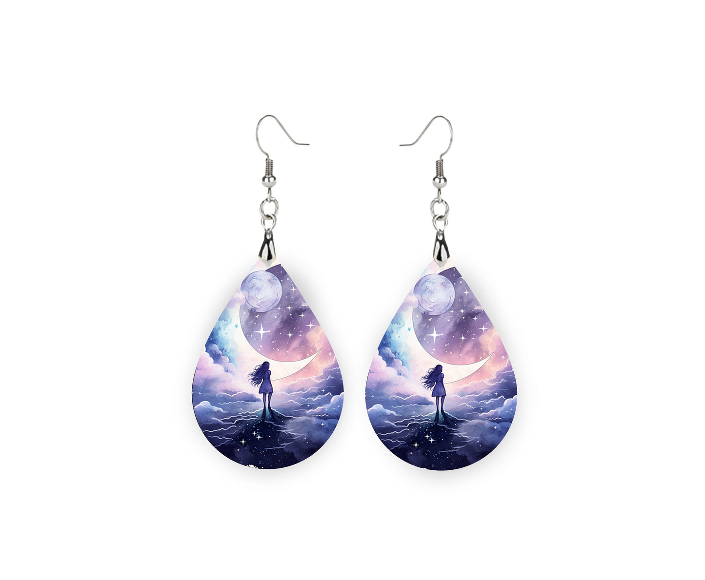 Girl and the Moon Print Tear Drop Wood Dangle Earrings Hypoallergenic Jewelry