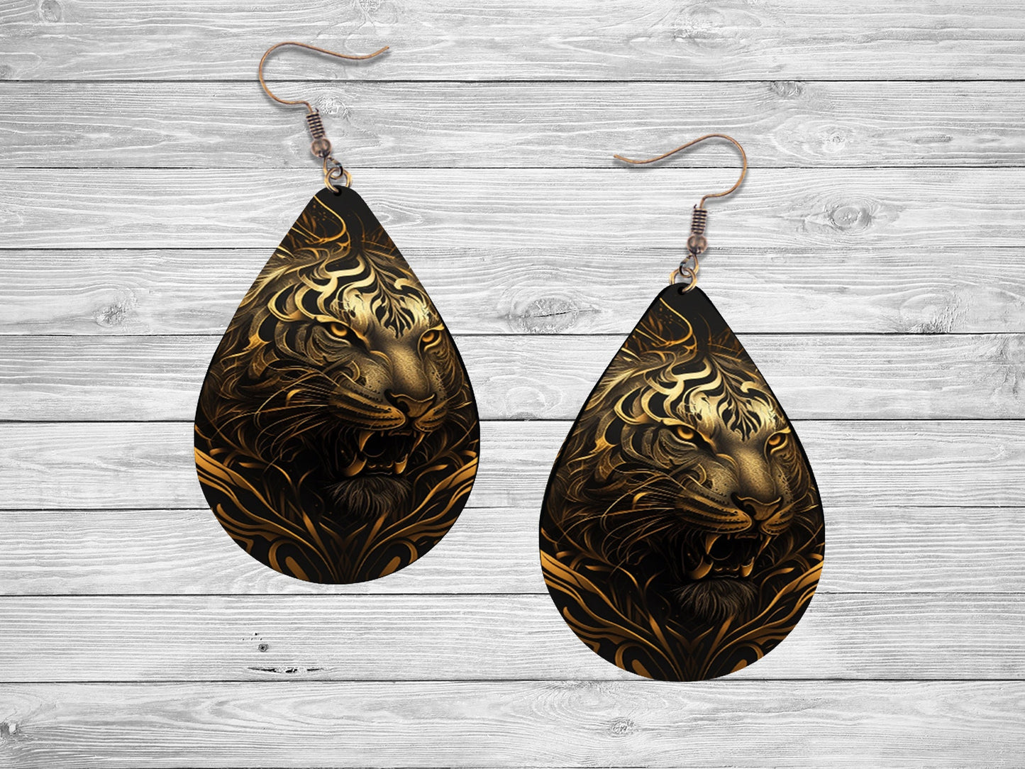 Gold and Black Tiger Print Tear Drop Wood Dangle Earrings Hypoallergenic Jewelry