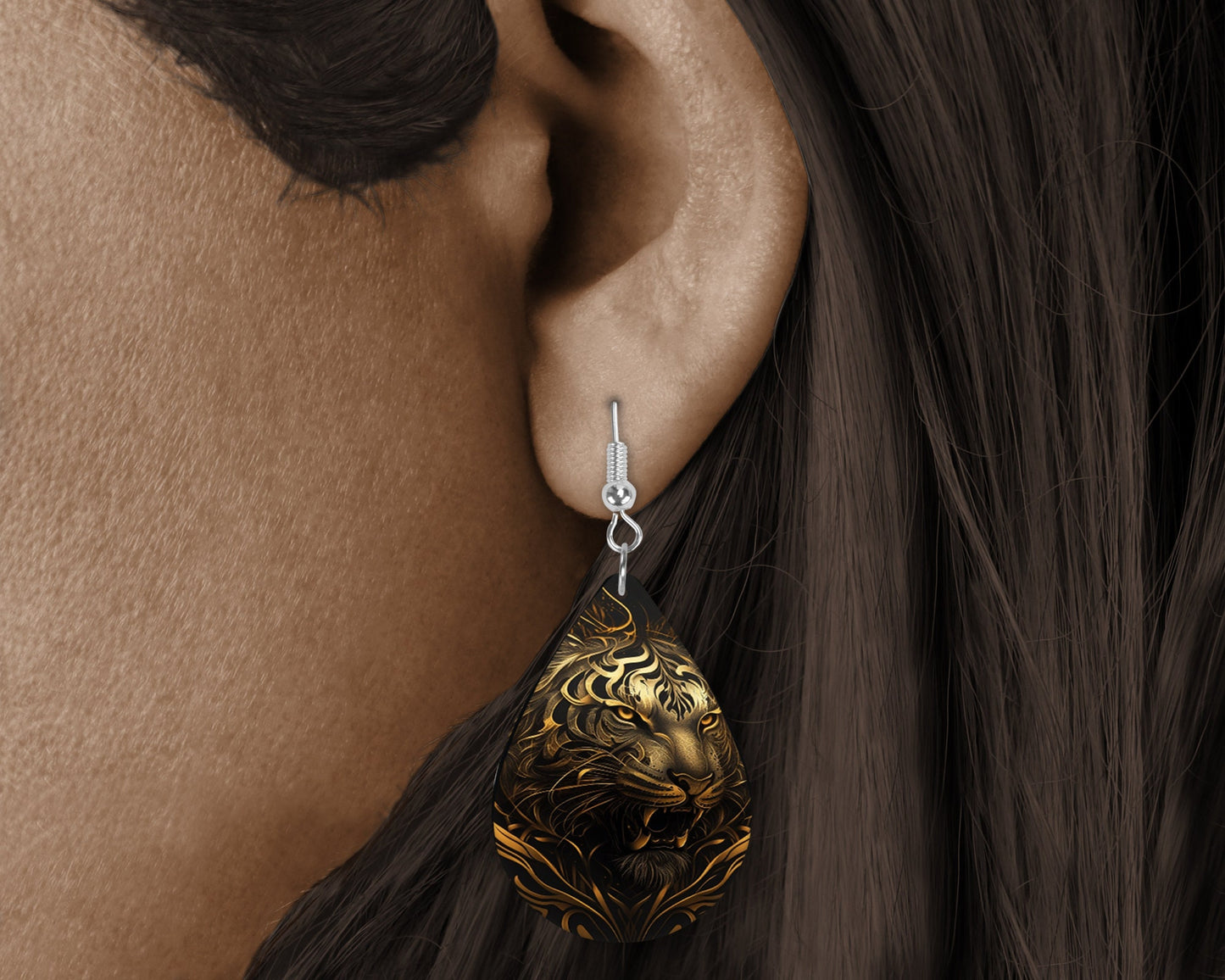 Gold and Black Tiger Print Tear Drop Wood Dangle Earrings Hypoallergenic Jewelry