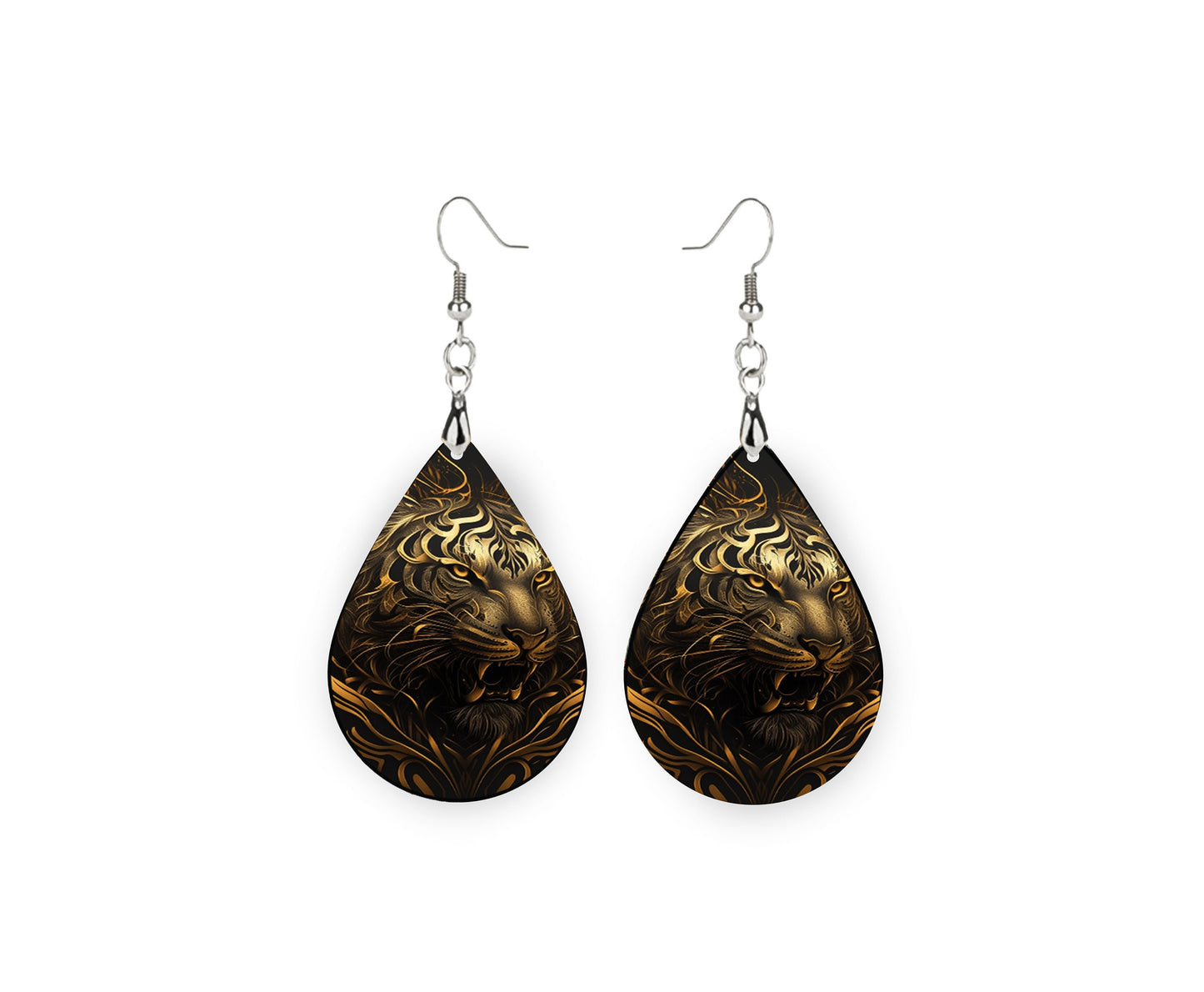 Gold and Black Tiger Print Tear Drop Wood Dangle Earrings Hypoallergenic Jewelry