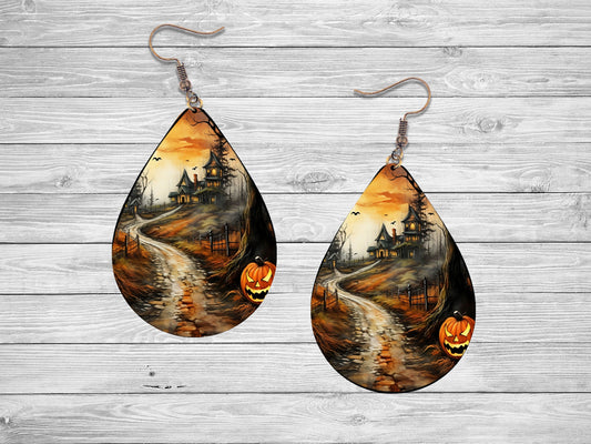 Fall Halloween Earrings Haunted Path Print Tear Drop Wood Dangle Earrings Hypoallergenic Jewelry