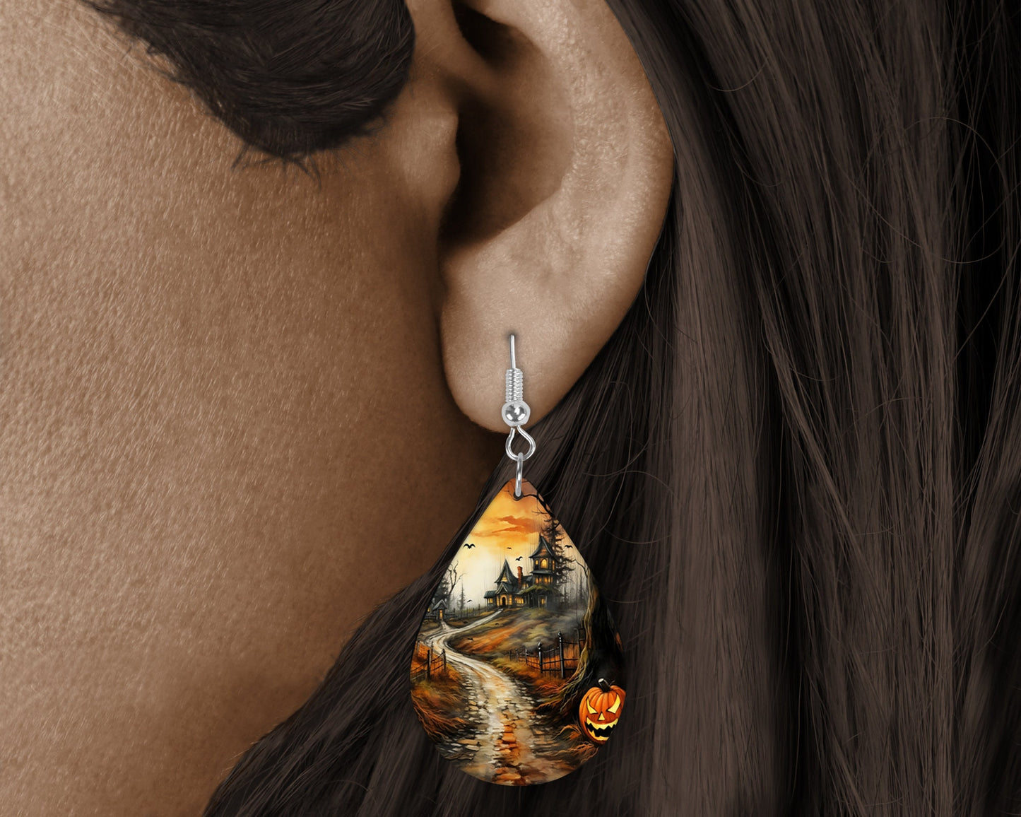 Fall Halloween Earrings Haunted Path Print Tear Drop Wood Dangle Earrings Hypoallergenic Jewelry