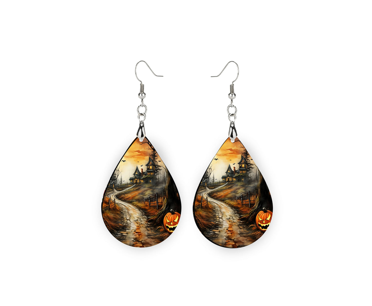 Fall Halloween Earrings Haunted Path Print Tear Drop Wood Dangle Earrings Hypoallergenic Jewelry