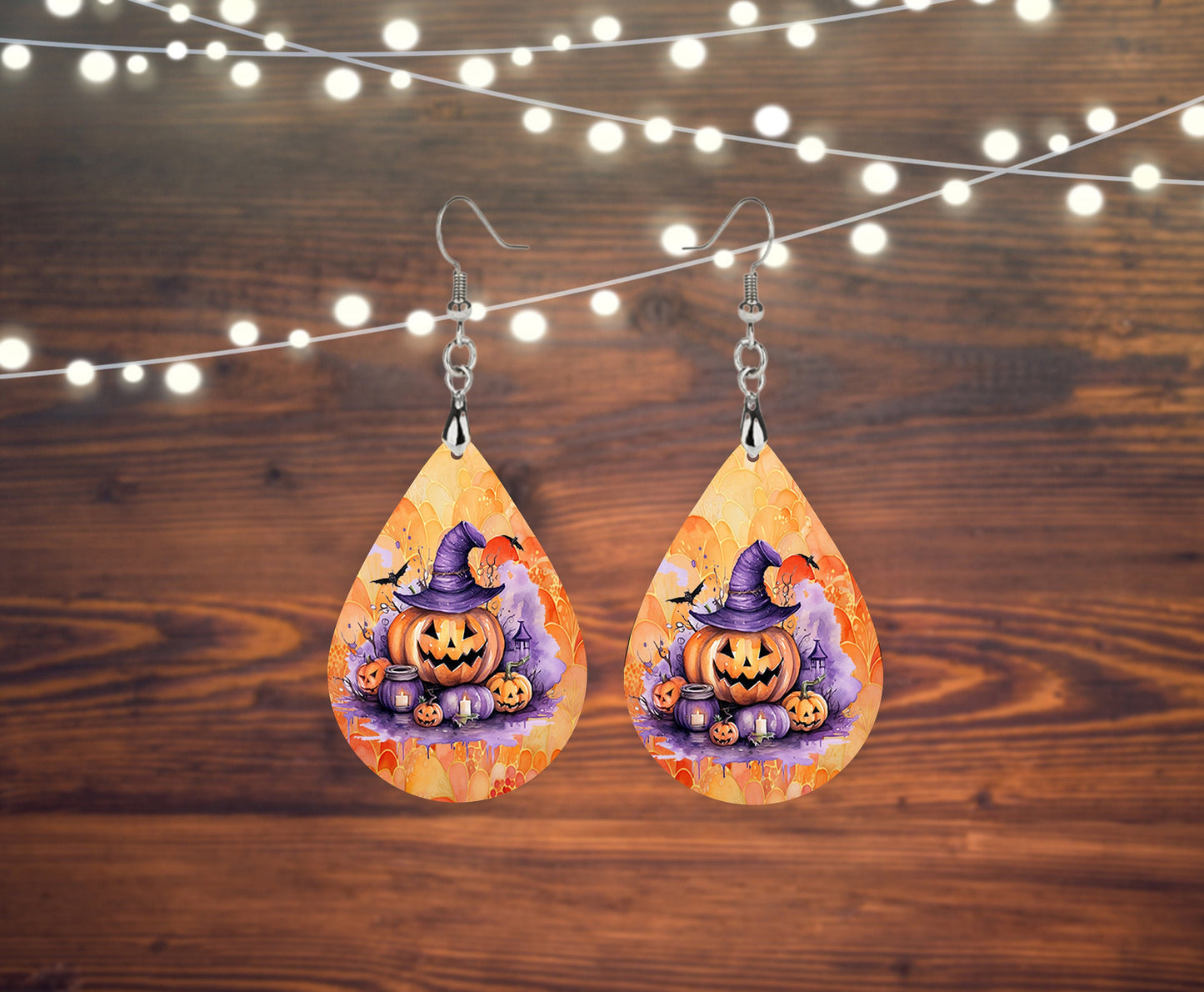 Fall Halloween Earrings Purple and Orange Jack o Lantern Print Tear Drop Wood Dangle Earrings Hypoallergenic Jewelry