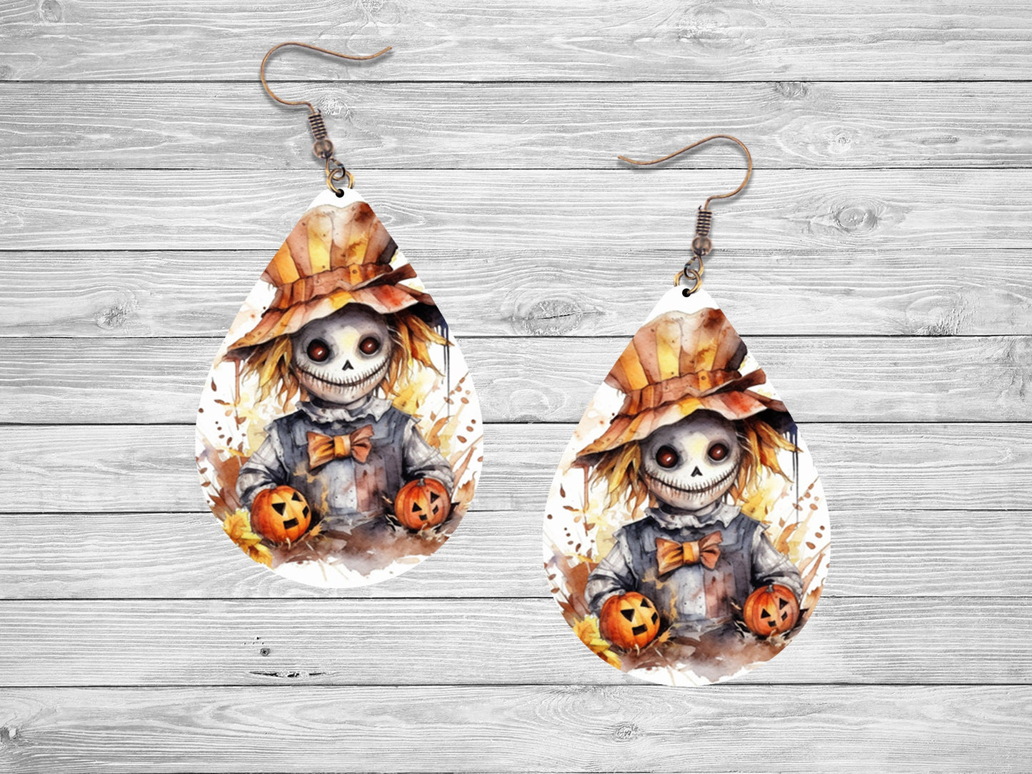 Fall Halloween Earrings Scarecrow and Pumpkins Print Tear Drop Wood Dangle Earrings Hypoallergenic Jewelry