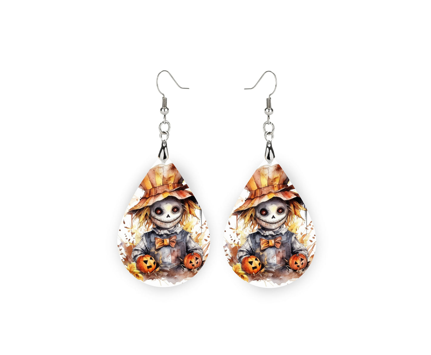 Fall Halloween Earrings Scarecrow and Pumpkins Print Tear Drop Wood Dangle Earrings Hypoallergenic Jewelry