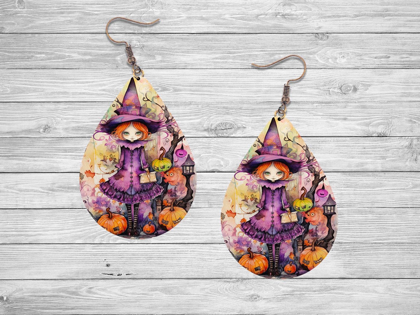 Fall Halloween Earrings Witch in Purple Print Tear Drop Wood Dangle Earrings Hypoallergenic Jewelry