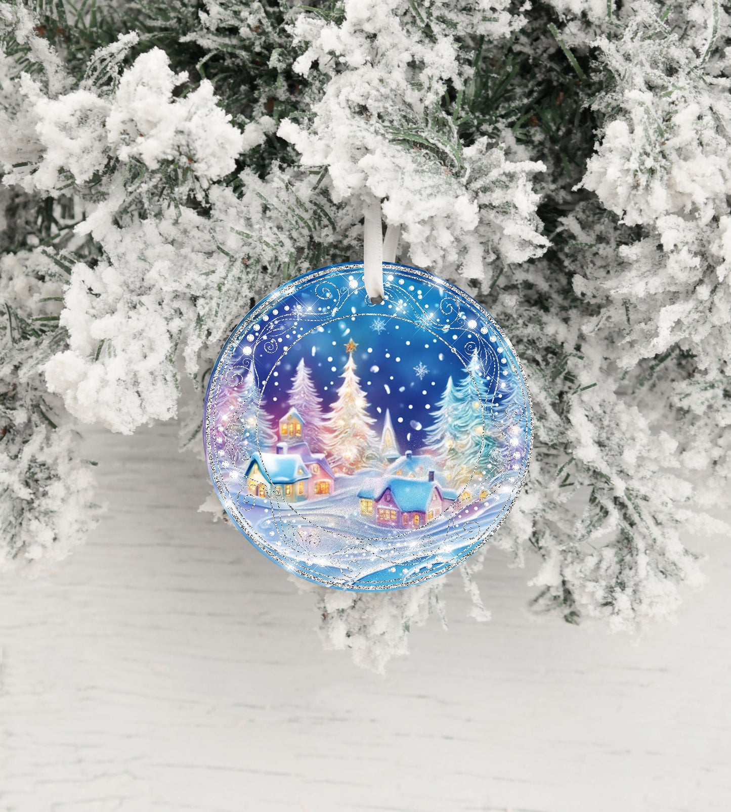 Christmas Ornament, Blue Winter Village Ceramic Christmas Ornament, Christmas Decorations