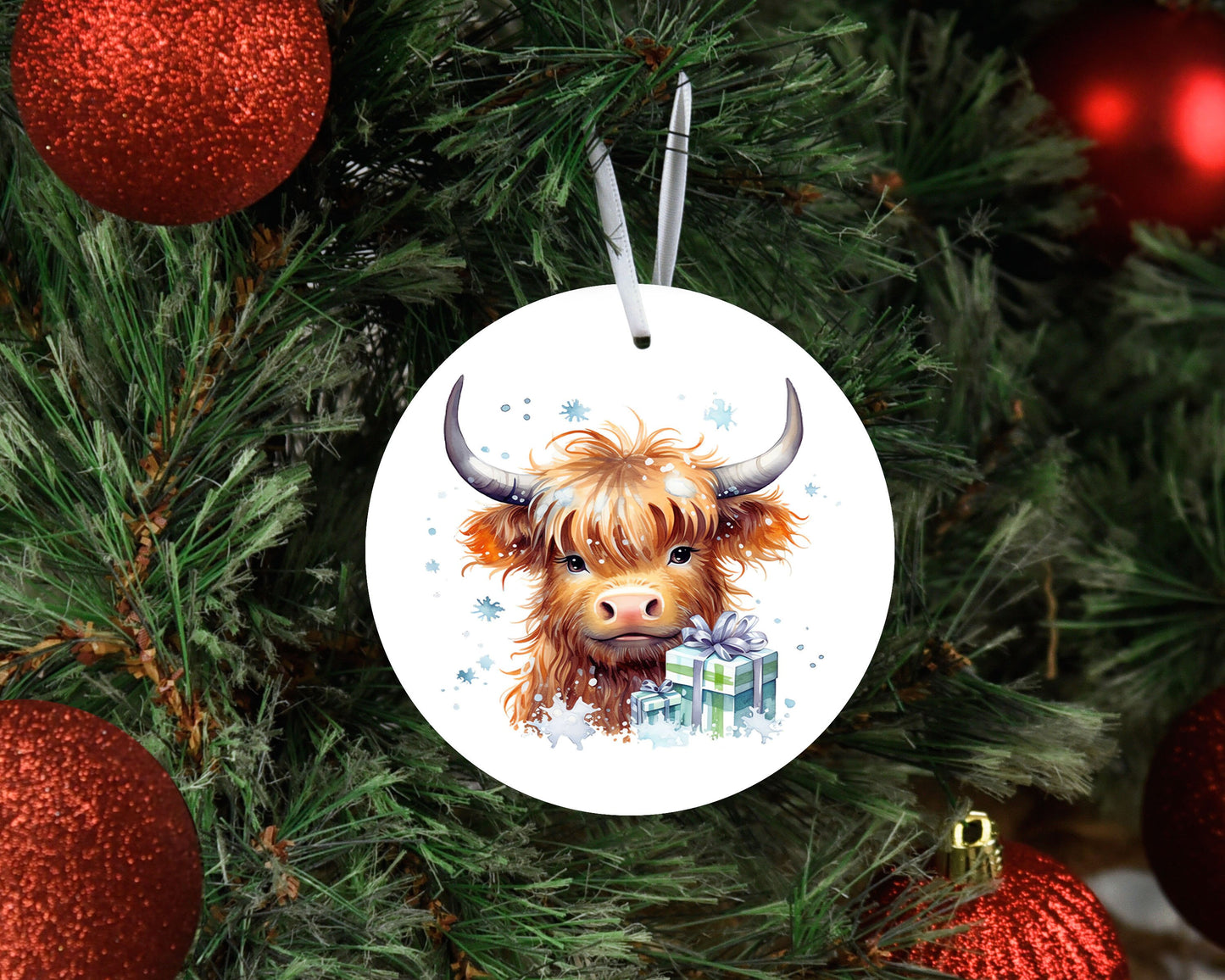 Christmas Ornament, Highland Cow Green and Blue Presents Ceramic Christmas Ornament, Christmas Decorations