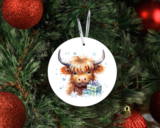 Christmas Ornament, Highland Cow Green and Blue Presents Ceramic Christmas Ornament, Christmas Decorations