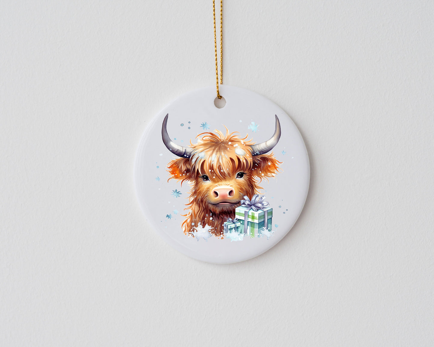 Christmas Ornament, Highland Cow Green and Blue Presents Ceramic Christmas Ornament, Christmas Decorations