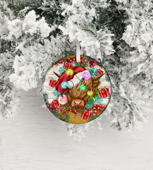 Christmas Ornament, Highland Cow Christmas Lights Ceramic Christmas Ornament, Christmas Decorations