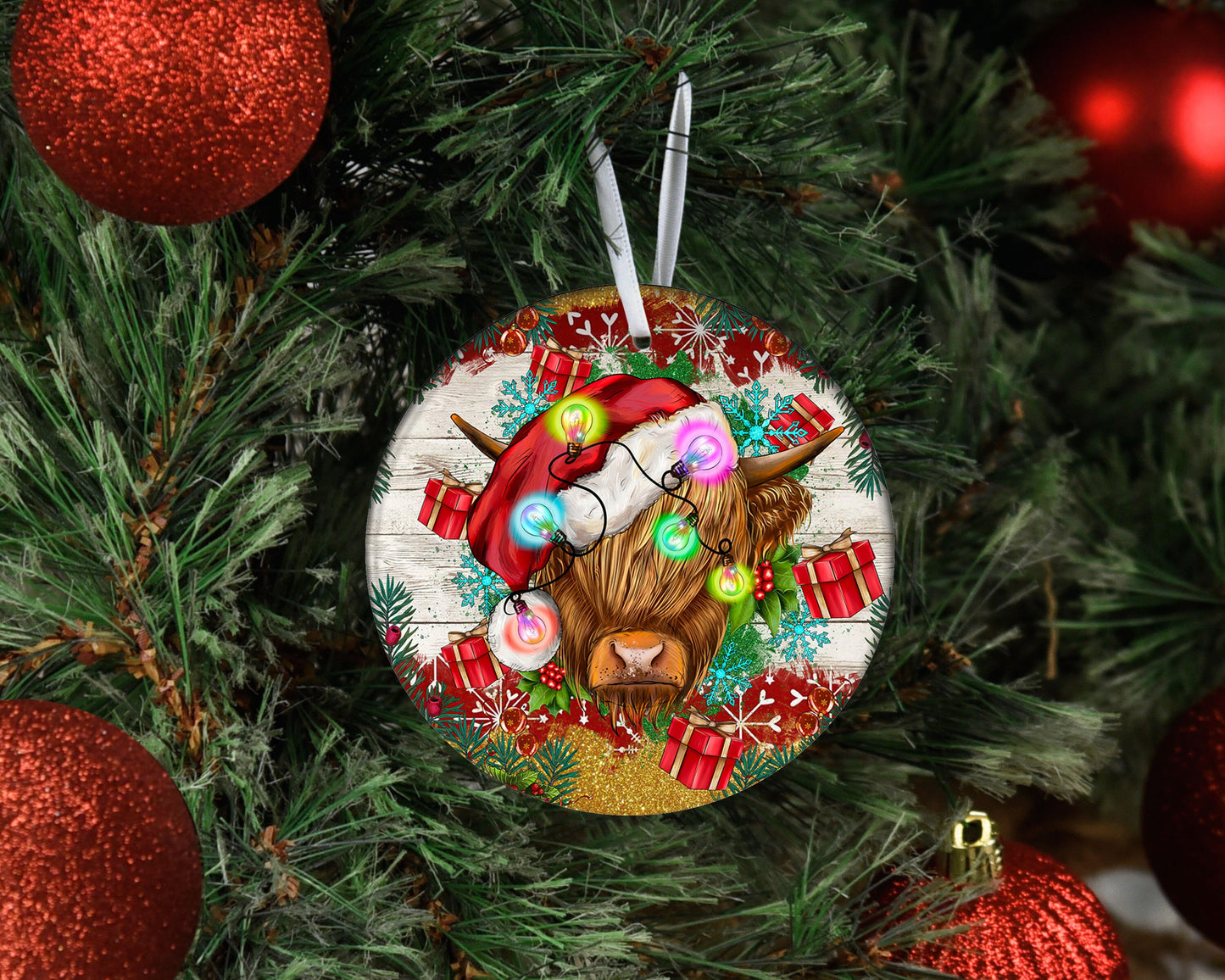 Christmas Ornament, Highland Cow Christmas Lights Ceramic Christmas Ornament, Christmas Decorations