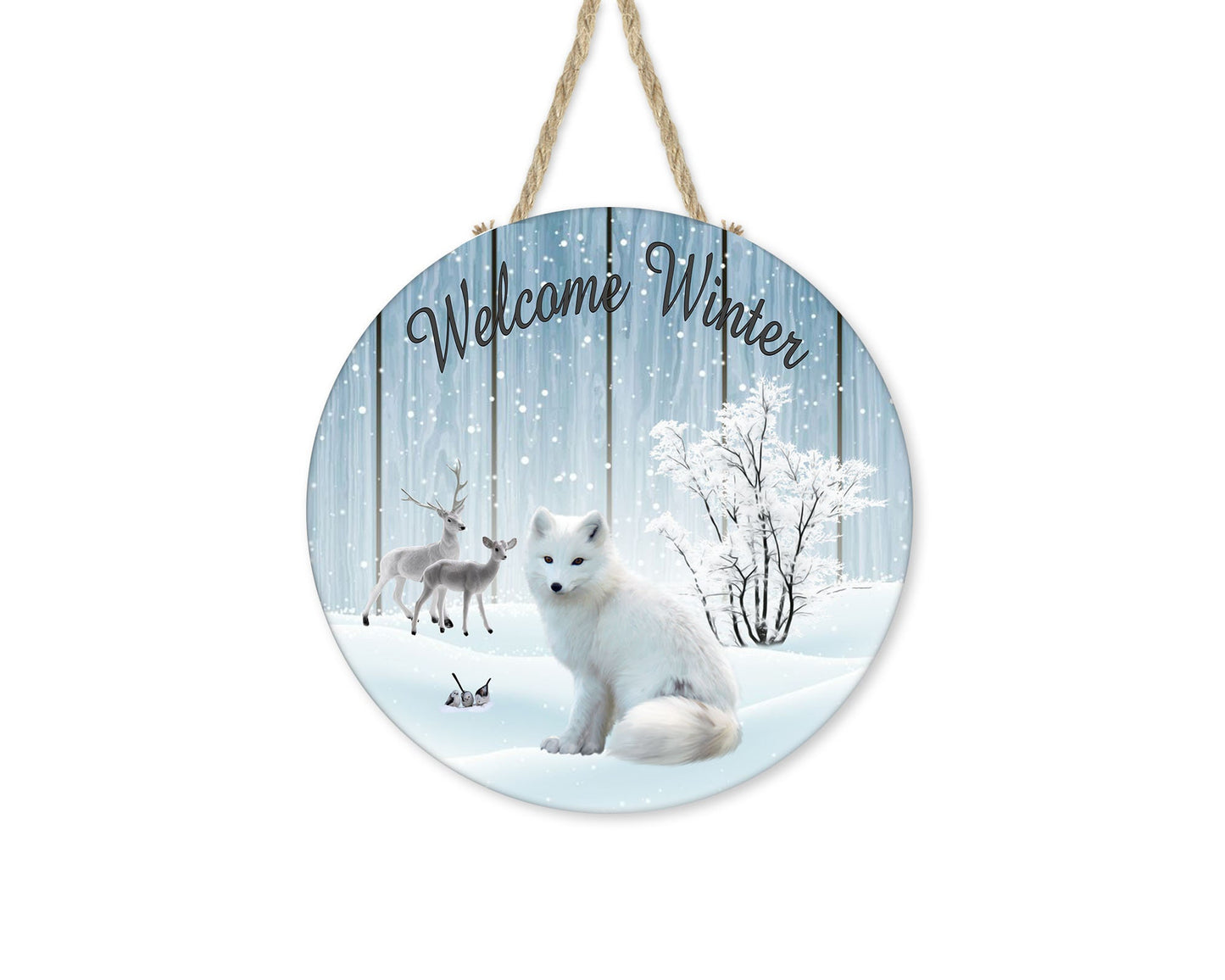 Welcome Winter White Fox Sign, Farmhouse Round Wood Sign Farmhouse Door Hanger Wreath Sign