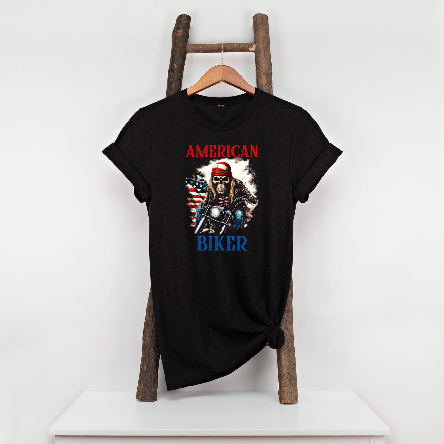 American Biker T shirt, Patriotic Motorcycle Tshirt, Graphic T's  100% Cotton Black, Tee