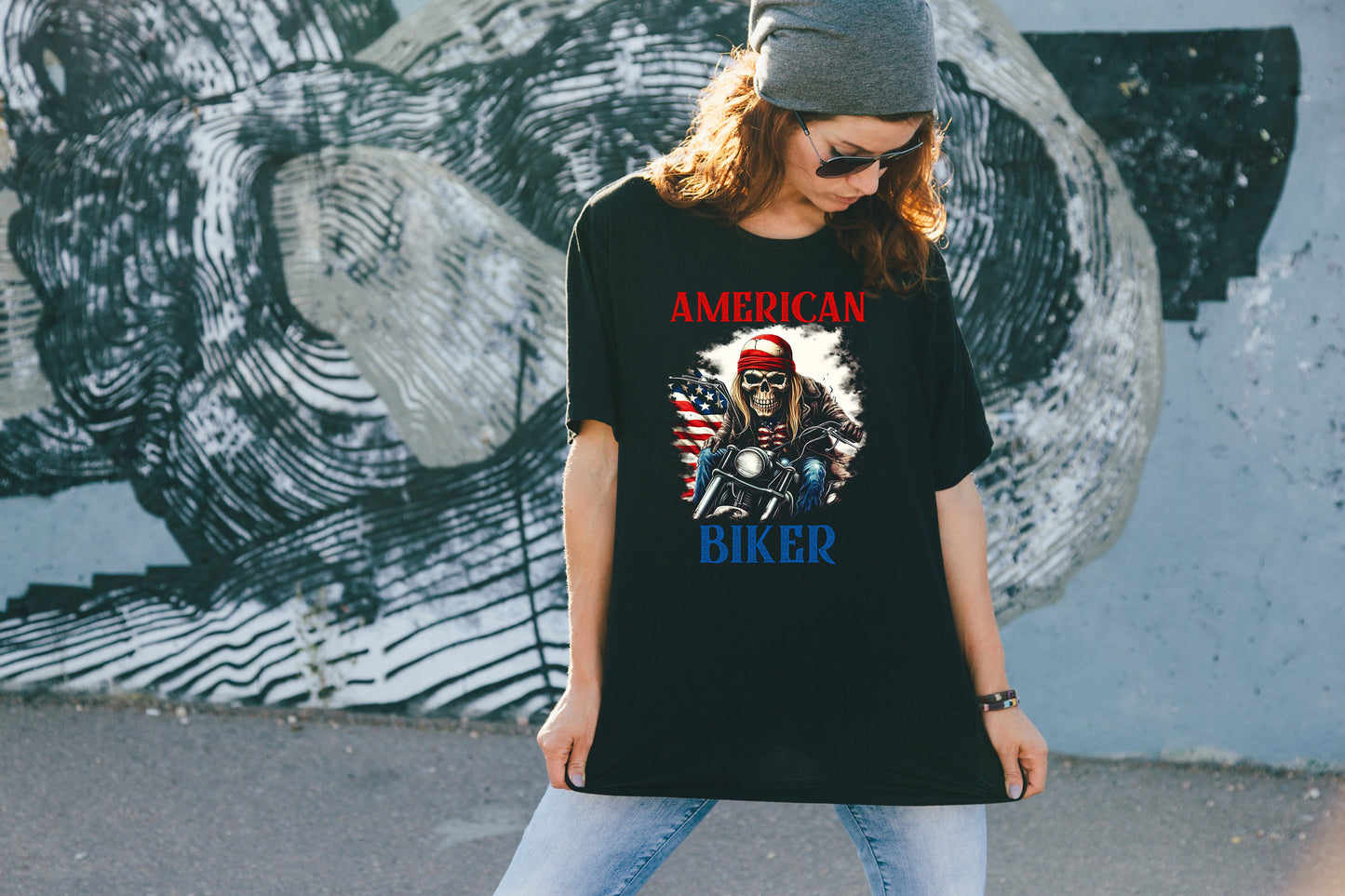 American Biker T shirt, Patriotic Motorcycle Tshirt, Graphic T's  100% Cotton Black, Tee