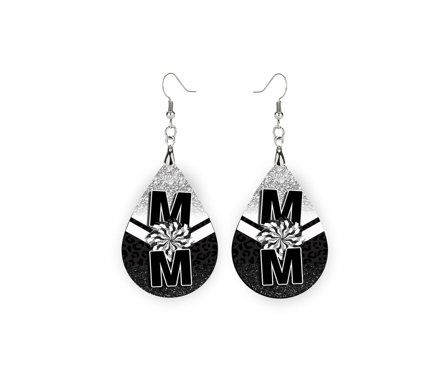 Black and Silver Cheer Mom, Tear Drop Dangle Printed Earrings Jewelry Handmade