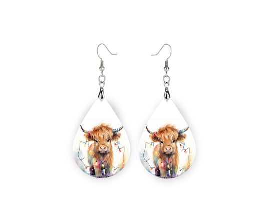 Highland Cow Lights Christmas Earrings Print Tear Drop Wood Dangle Earrings Hypoallergenic Jewelry