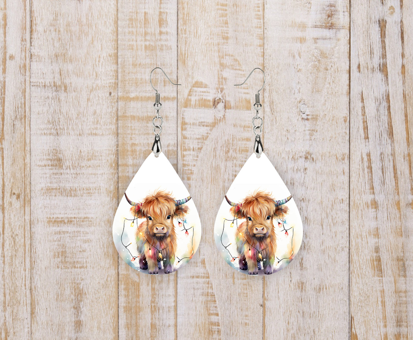 Highland Cow Lights Christmas Earrings Print Tear Drop Wood Dangle Earrings Hypoallergenic Jewelry