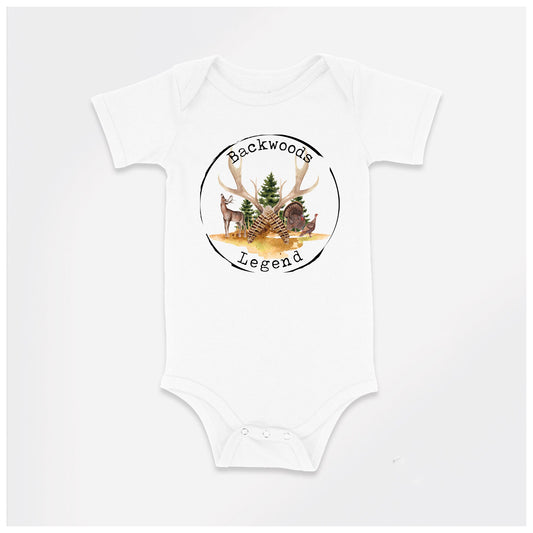 Baby Bodysuit, Backwoods Legend Romper, One Piece Baby Suit, Baby Gift, Long / Short Sleeve, 0-18 Months size