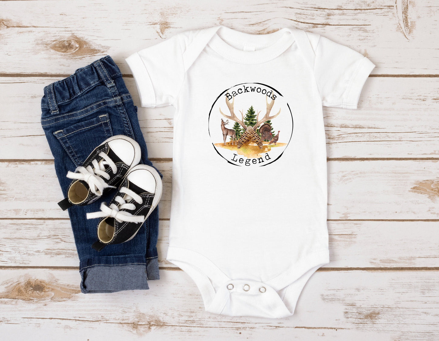 Baby Bodysuit, Backwoods Legend Romper, One Piece Baby Suit, Baby Gift, Long / Short Sleeve, 0-18 Months size