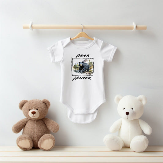 Baby Bodysuit, Bear Hunter Romper, One Piece Baby Suit, Baby Gift, Long / Short Sleeve, 0-18 Months size