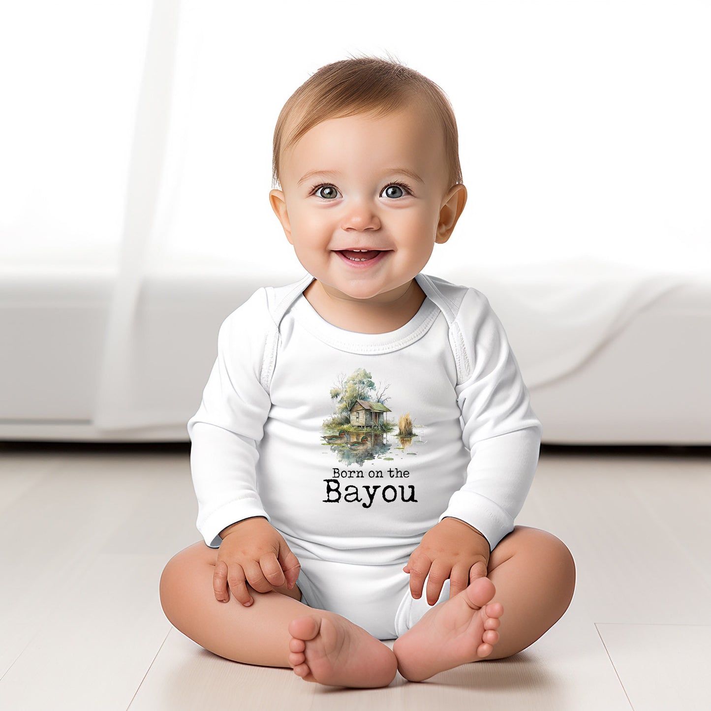 Baby Bodysuit, Born on the Bayou Cabin Piece Baby Suit, Baby Gift, Long / Short Sleeve, 0-18 Months size