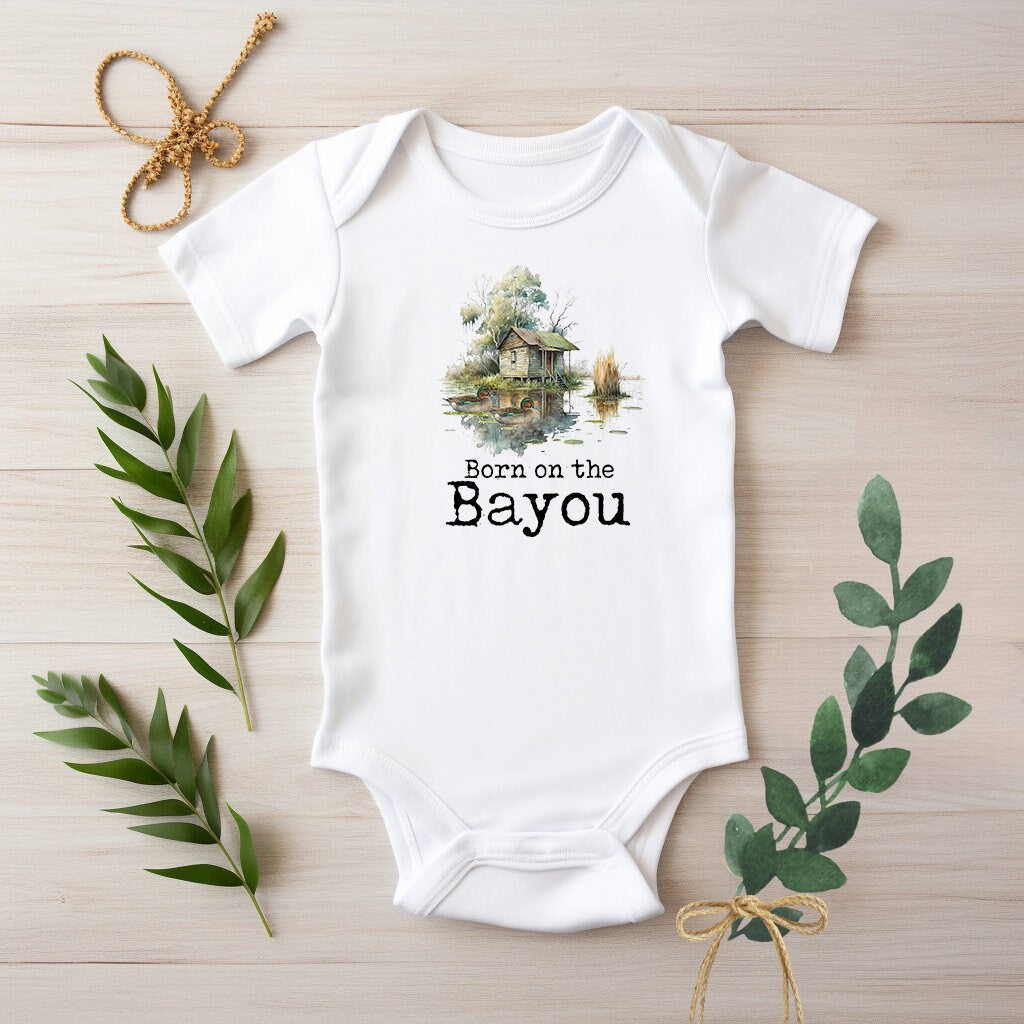 Baby Bodysuit, Born on the Bayou Cabin Piece Baby Suit, Baby Gift, Long / Short Sleeve, 0-18 Months size