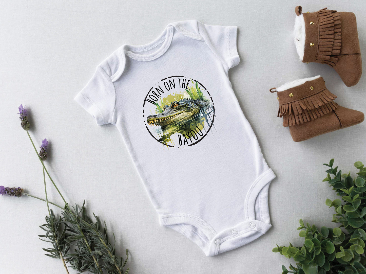 Baby Bodysuit, Born on the Bayou Alligator Piece Baby Suit, Baby Gift, Long / Short Sleeve, 0-18 Months size