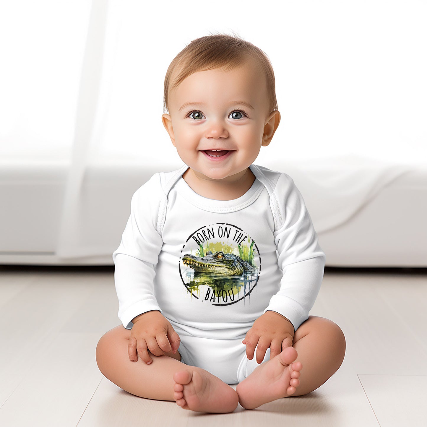 Baby Bodysuit, Born on the Bayou Alligator Piece Baby Suit, Baby Gift, Long / Short Sleeve, 0-18 Months size