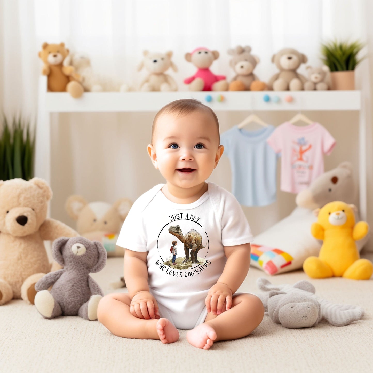 Baby Bodysuit, Just a Boy Who Loves Dinosaurs One Piece Baby Suit, Baby Gift, Long / Short Sleeve, 0-18 Months size