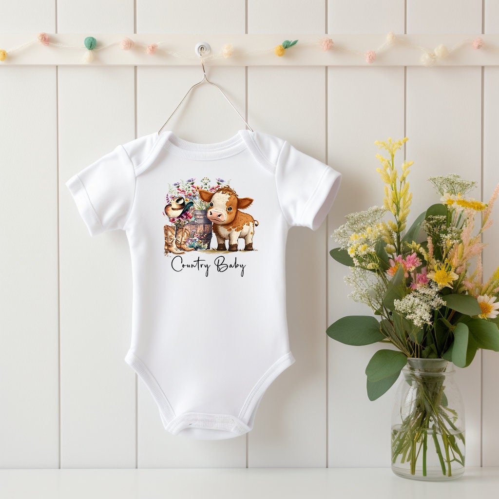 Baby Bodysuit, Country Baby Cow One Piece Baby Suit, Baby Gift, Long / Short Sleeve, 0-18 Months size