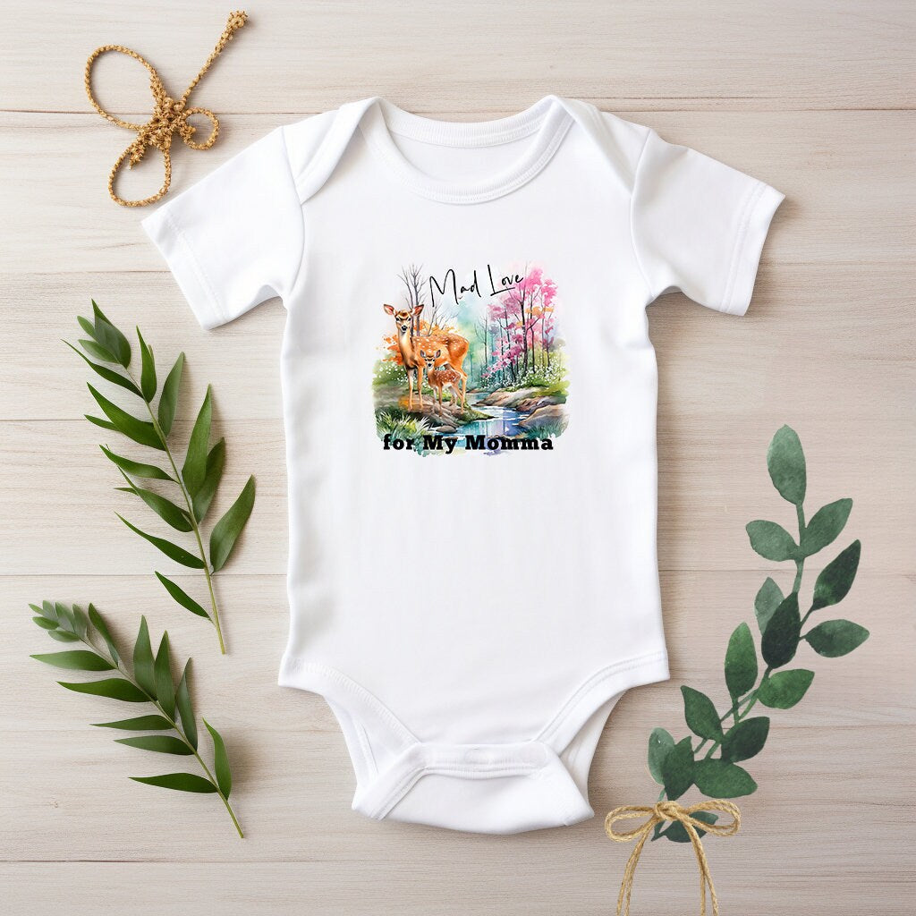 Baby Bodysuit, Deer Mad Love for my Momma One Piece Baby Suit, Baby Gift, Long / Short Sleeve, 0-18 Months size