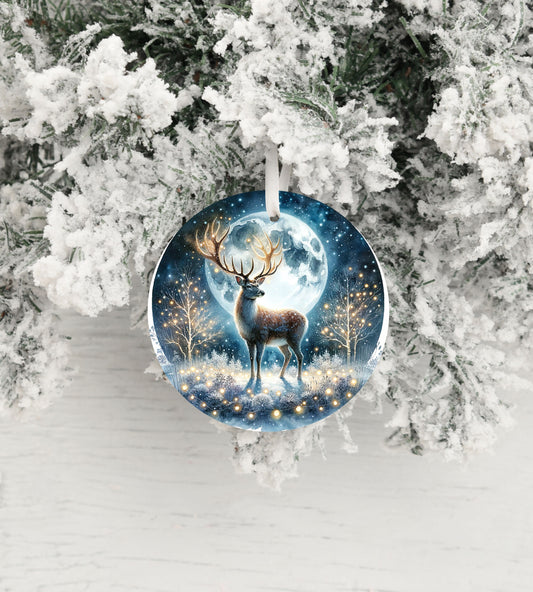 Christmas Ornament, Full Moon Christmas Deer Ceramic Christmas Ornament, Christmas Decorations