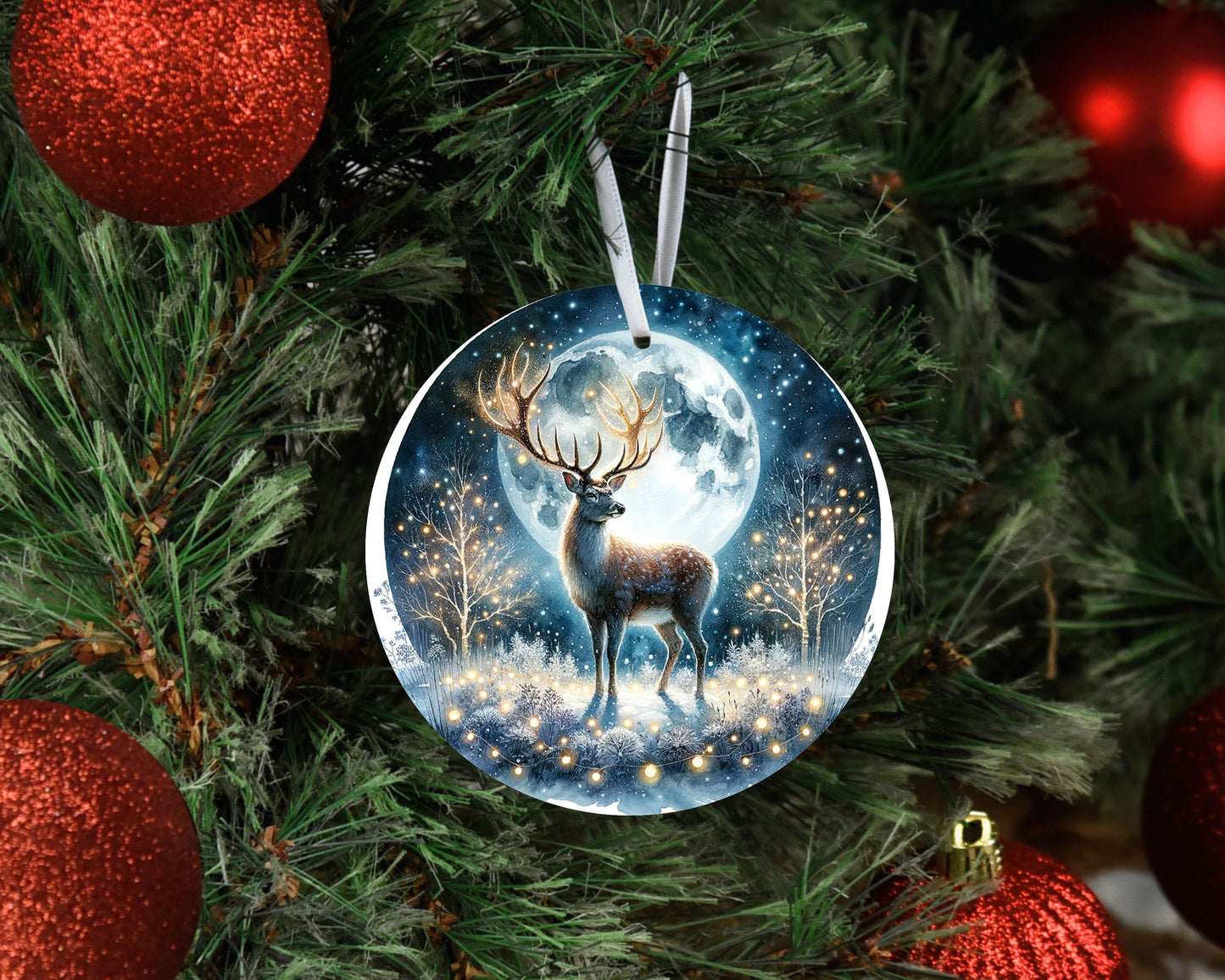 Christmas Ornament, Full Moon Christmas Deer Ceramic Christmas Ornament, Christmas Decorations