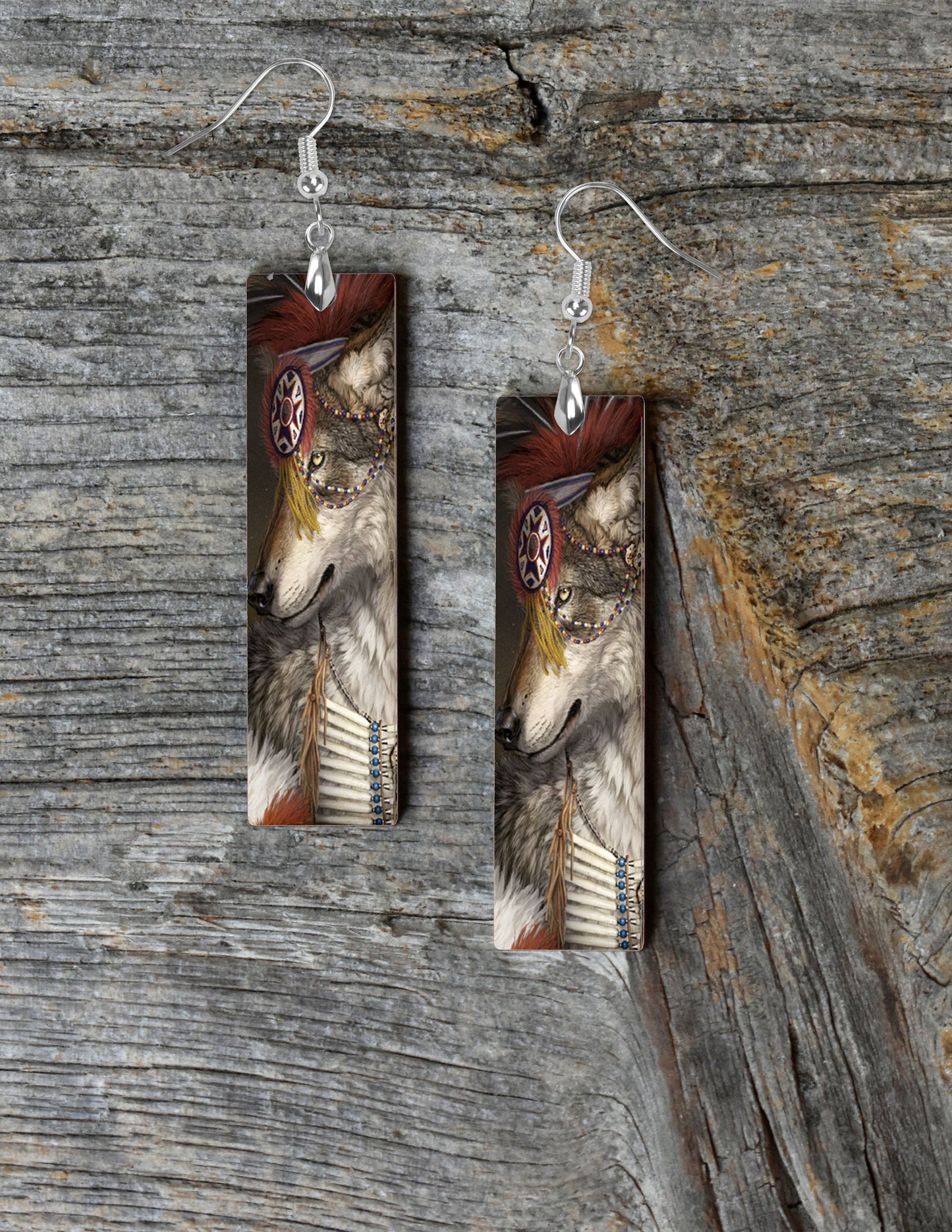 Tribal Wolf Printed Wood Dangle Earrings Hypoallergenic Jewelry Handmade